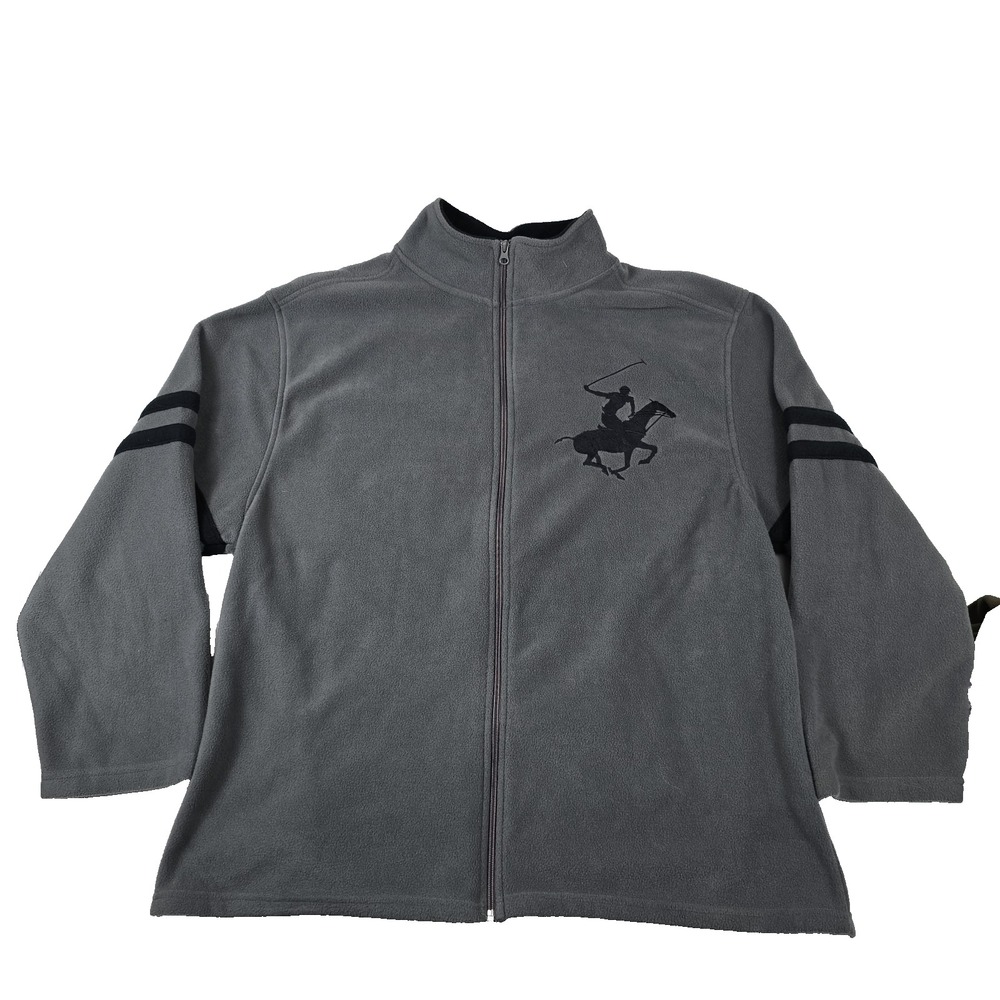 Beverly Hills Polo Club Mens 2X Gray Fleece Full Zip Jacket Large Logo Striped